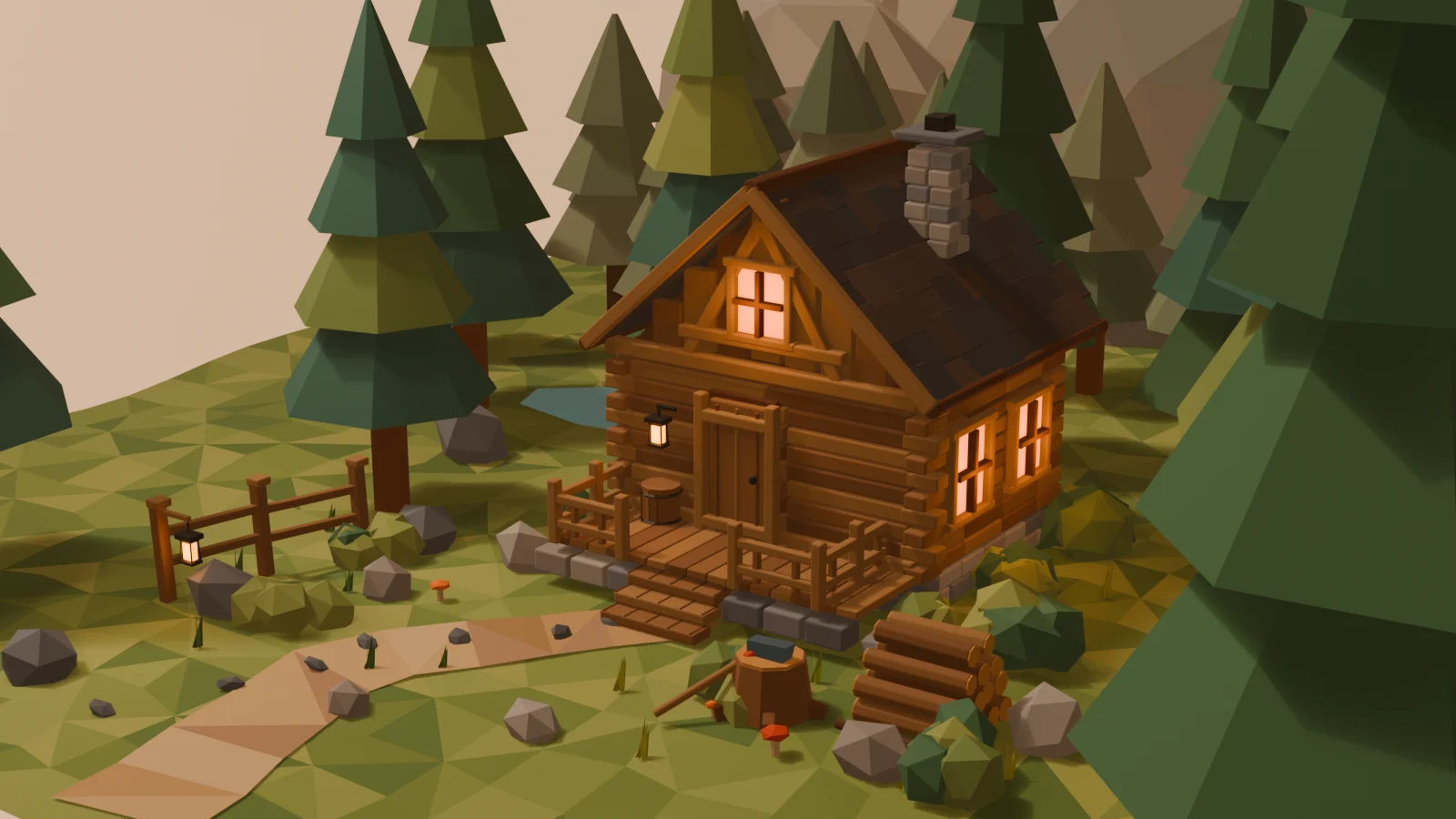 Sol Ultra output: a detailed low-poly cabin, path, props and forest