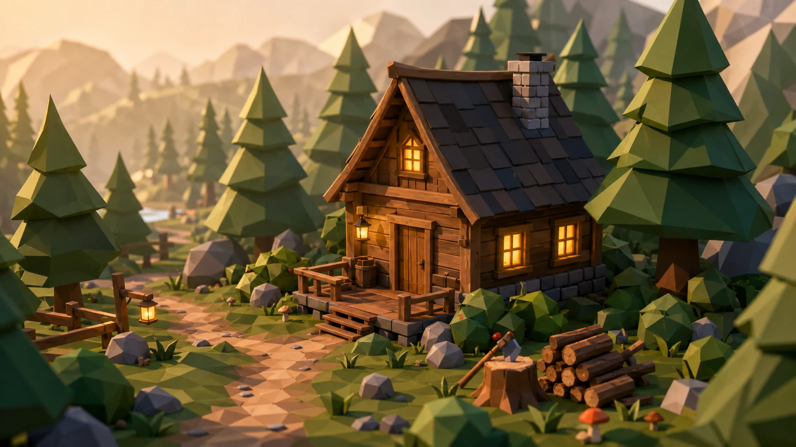 Reference image: a warm low-poly wooden cabin in a layered forest at golden hour